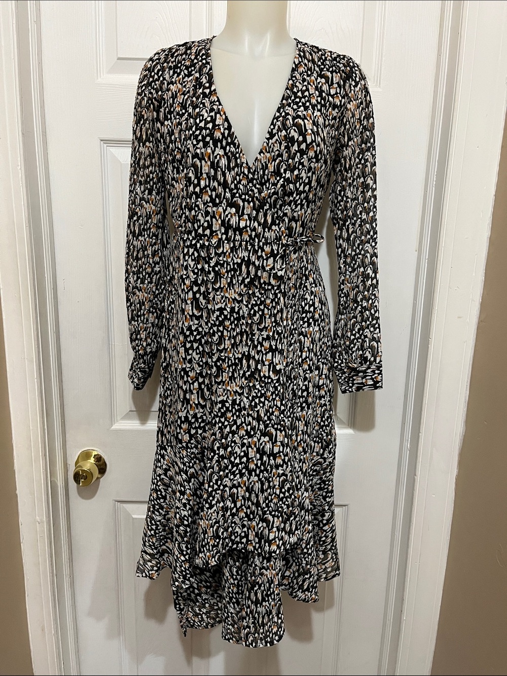 Express Black Multi-Print Long Sleeve Wrap Dress